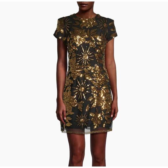 Milly Kyla Holiday Nights Sequin Mini Dress Black Gold Floral NEW 8 Cocktail - Picture 1 of 9
